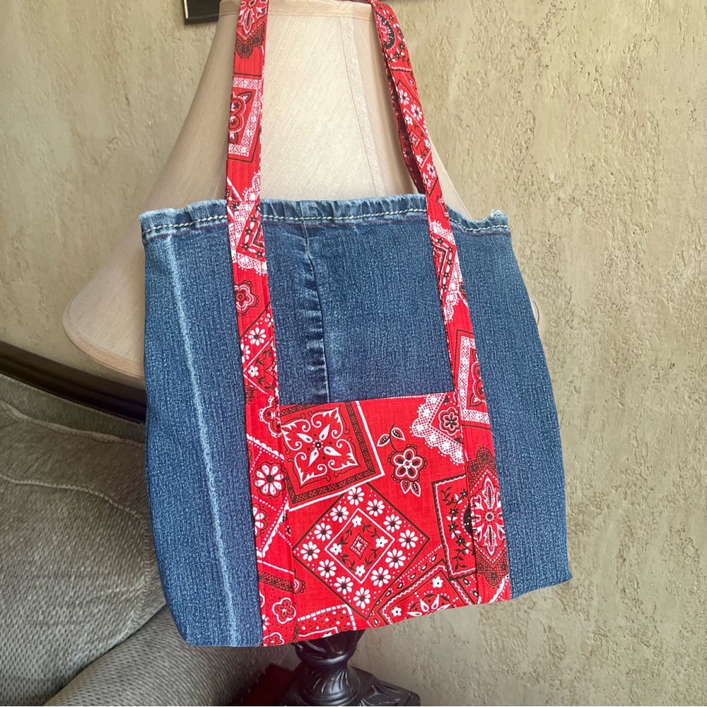 Upcycled Denim and fabric tote bag handmade Red Bandana print book tote